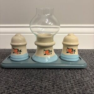 Vintage Peach Ceramic Salt Pepper Shaker Set Hurricane Lamp Candle Holder Tray